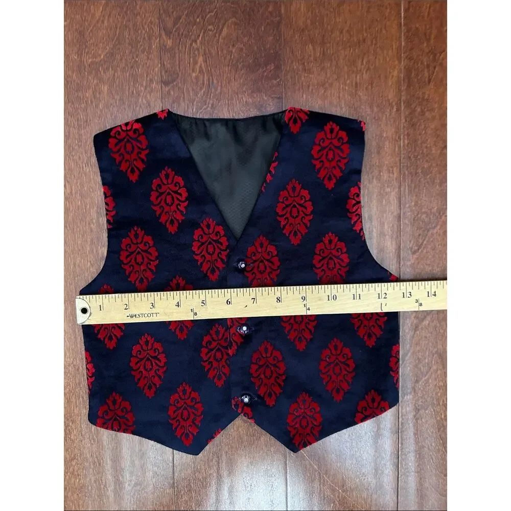 Kid’s Retro Vest with Red Flocked Damask Motif, Size 3